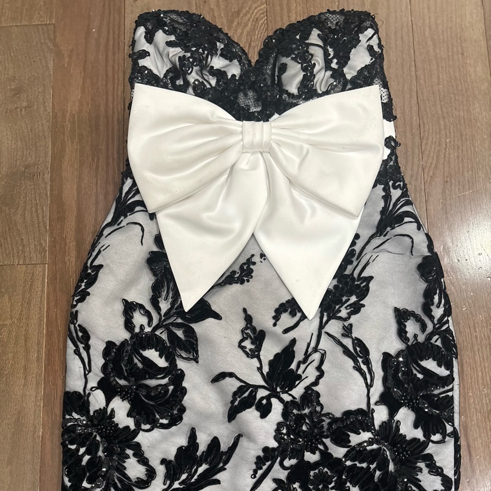 Black & White Floral Lace Dress with Oversized Bow